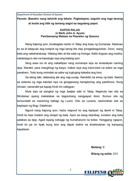 Kahulugan at halimbawa ng kapos palad .